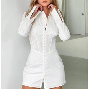 Rochie de modă în stil european și american, cu mânecă lungă, cămașă albă cu guler polo