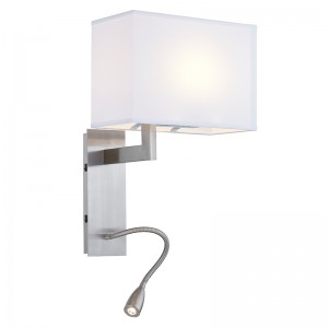 Hospitality Hotel Wall Sconce cu finisaj denichel periat și umbră dreptunghiulară de țesătură la hotel tipic de oaspeți