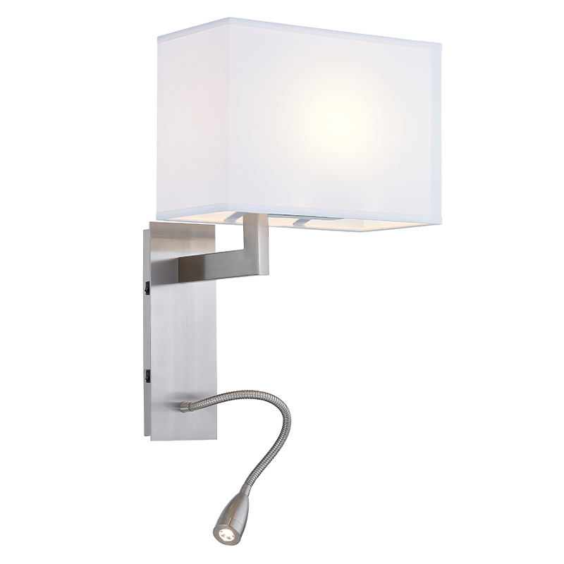 Hospitality Hotel Wall Sconce cu finisaj denichel periat și umbră dreptunghiulară de țesătură la hotel tipic de oaspeți