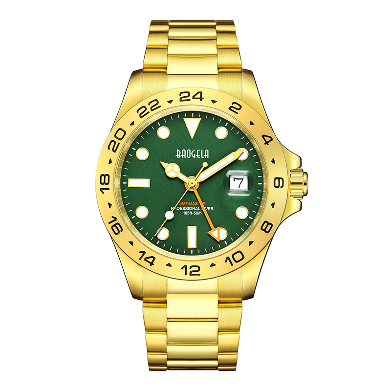 BAOGELA NOU MEN NOU DE LUCUIT COMPOSITATE 304 Oțel inoxidabil Dial luminos 50m Diving Fashion Cupluri Sport Sport Wristwatch Gold Green 22806