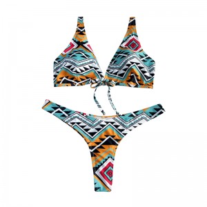 Costum de baie din două piese cu arc etnic floral în stil etnic cu curea largă