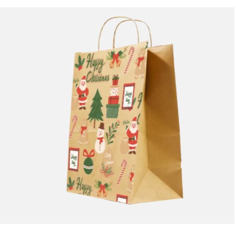 Genti de hârtie de Crăciun maro cu mânere răsucite pungi de cadouri festive personalizate cu proprii ecusonuri cu ridicata pentru hârtie cu ridicata