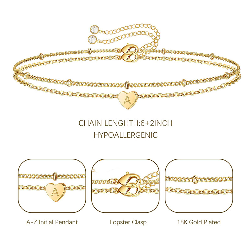 Brățară Hongde Golden Heart litera A placată cu aur de 18K-Z Initial Bracelet Heart Bracelet Stacks