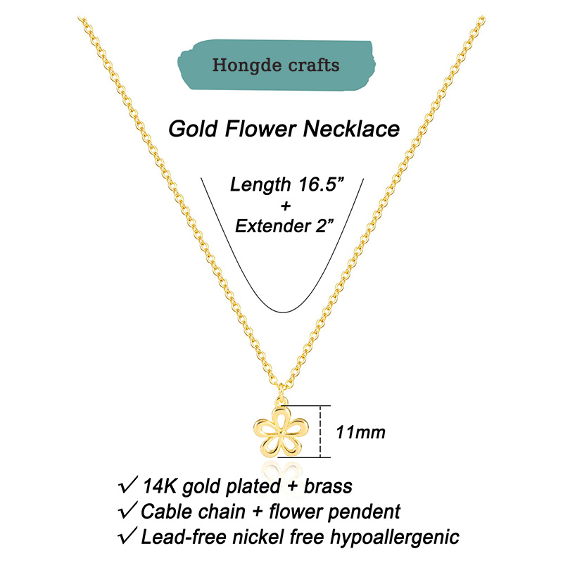 Colier Hongde Golden Bloom 2-------Colier placat cu aur de 14K pentru femei - Colier cu pandantiv, floare delicată, frunză, mărgele, copac, albină, soare, bar, infinit, stea, săgeată, lacrimă, fluture, bijuterii simple