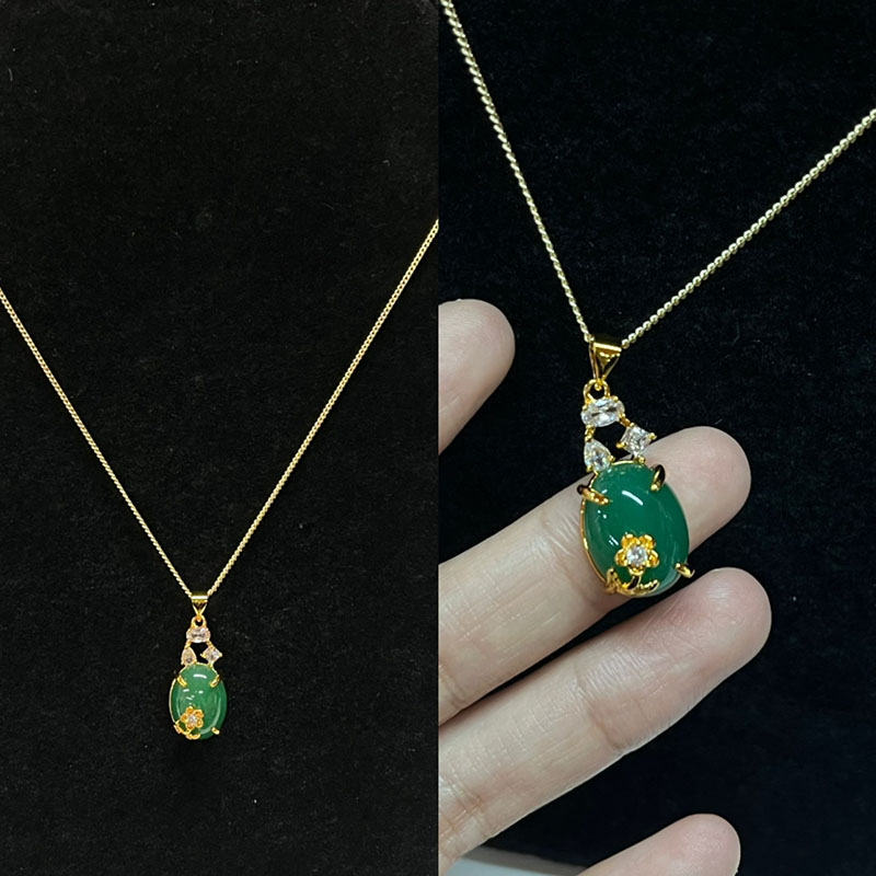 Colier cu pandantiv ovale de jad verde opulent cu accente albe de zircon, aur-Cadru placat, femei elegante\bijuteriile