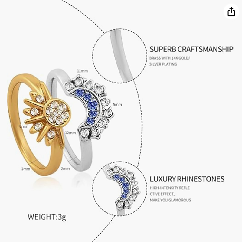 Celestial Soare și inel reglabil de lună - aur de 18k & Aliaj de cupru placat cu platină-Inel de bandă cu alb & Zirconia cubică albastră pentru iubitorii de astrologie și uzura elegantă de modă