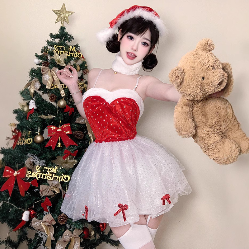 Nou costum de Crăciun setat pentru spectacole de scenă. O formă roșie - Set de uniformă de rochie din dantelă potrivită atât pentru Crăciun, cât și pentrunoul an108 Preț:$89.99