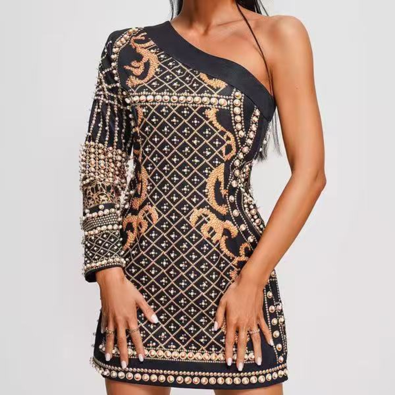 Summer Jacquard tricot cu mânecă lungă cu umărul lung, rochii subțiri cu margele